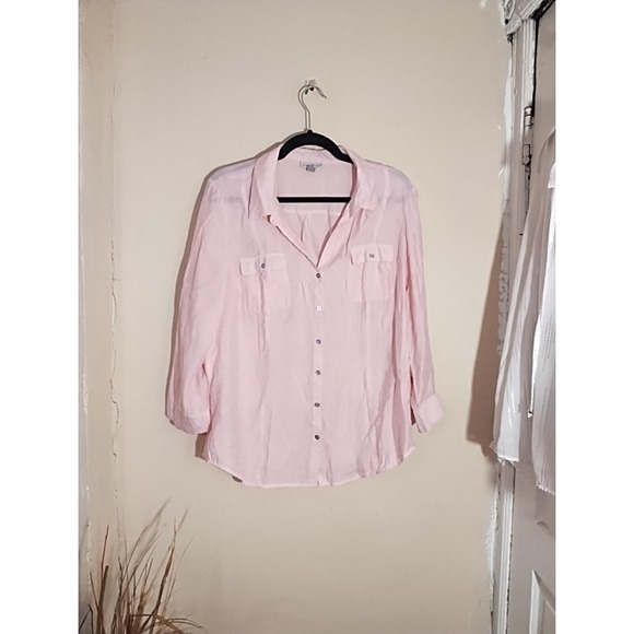 Roz & Ali Tops - Roz & Ali Women XL Pink Button Down Shirt Roll Tab Sleeve Casual Textured Top